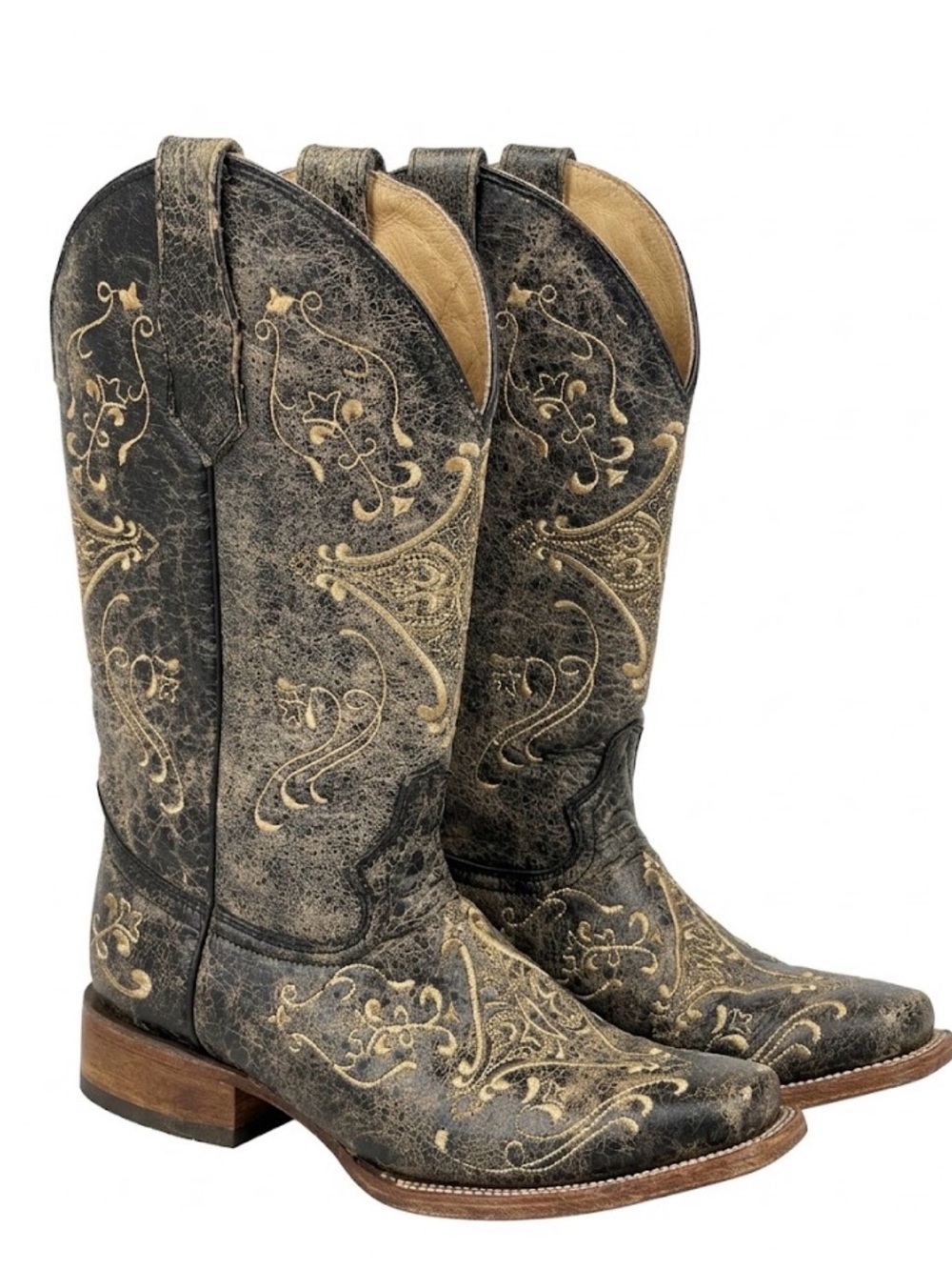 Circle G Distressed Black Western Boots with Gold Embroidery